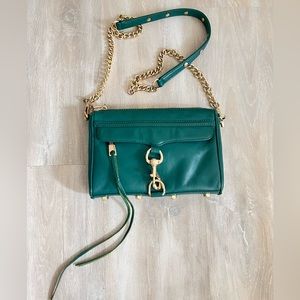 Rebecca Minkoff Mini Mac Teal Green leather crossbody bag purse with Gold Chain